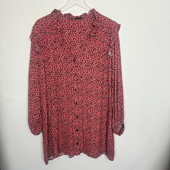 Zara Red Floral Printed Button Ruffle Shoulder Long Sleeve Mini Dress XL - Picture 6 of 13
